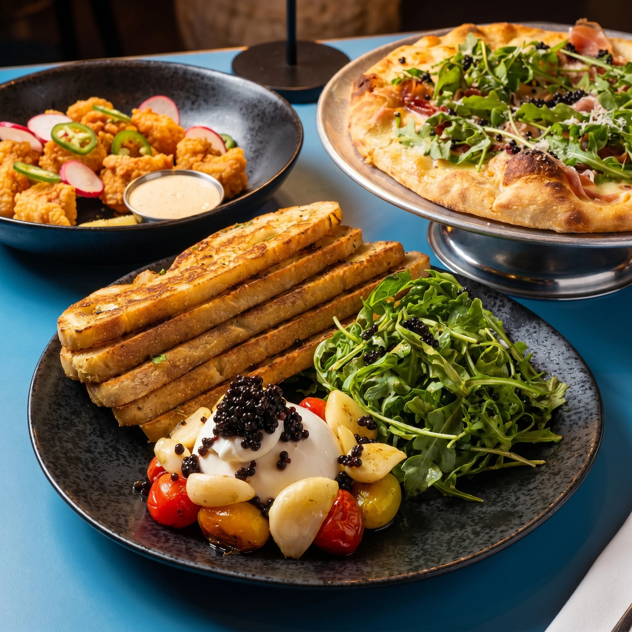 Shareables spread of Fire Cracker Calamari, pan pizza and Burrata with Toasted Focaccia at Bizarre Gastro Pub Calgary